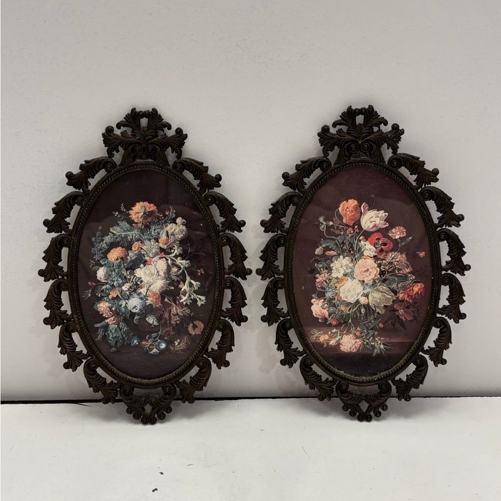 Pair of vintage oval glass floral  ornate frame